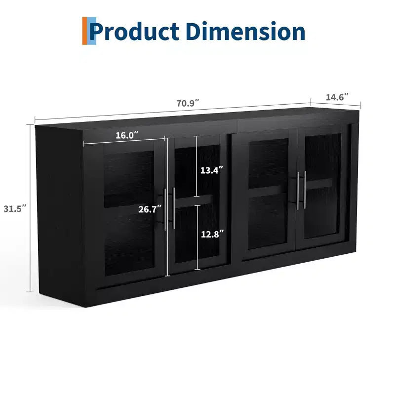 Credenza a 4 ante stile Farmhouse, Beige / Nera / Color Legno con Ante in Vetro – Posti a sedere 1