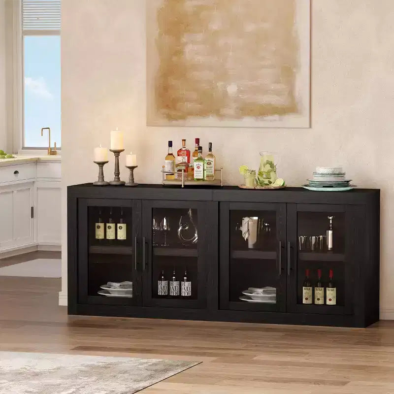 Credenza a 4 ante stile Farmhouse, Beige / Nera / Color Legno con Ante in Vetro – Posti a sedere 1
