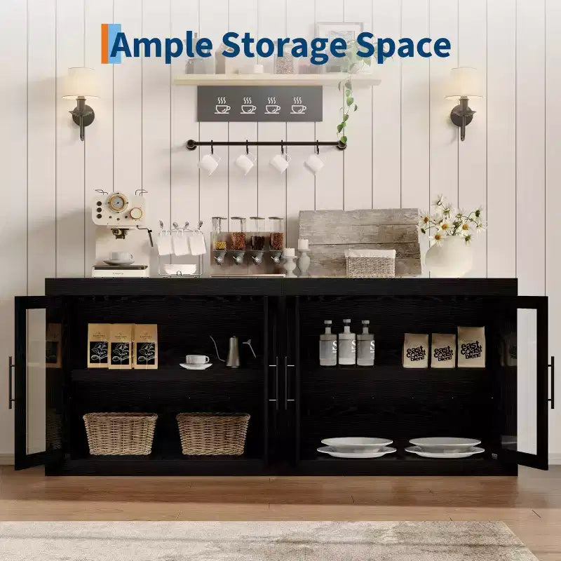 Credenza a 4 ante stile Farmhouse, Beige / Nera / Color Legno con Ante in Vetro – Posti a sedere 1