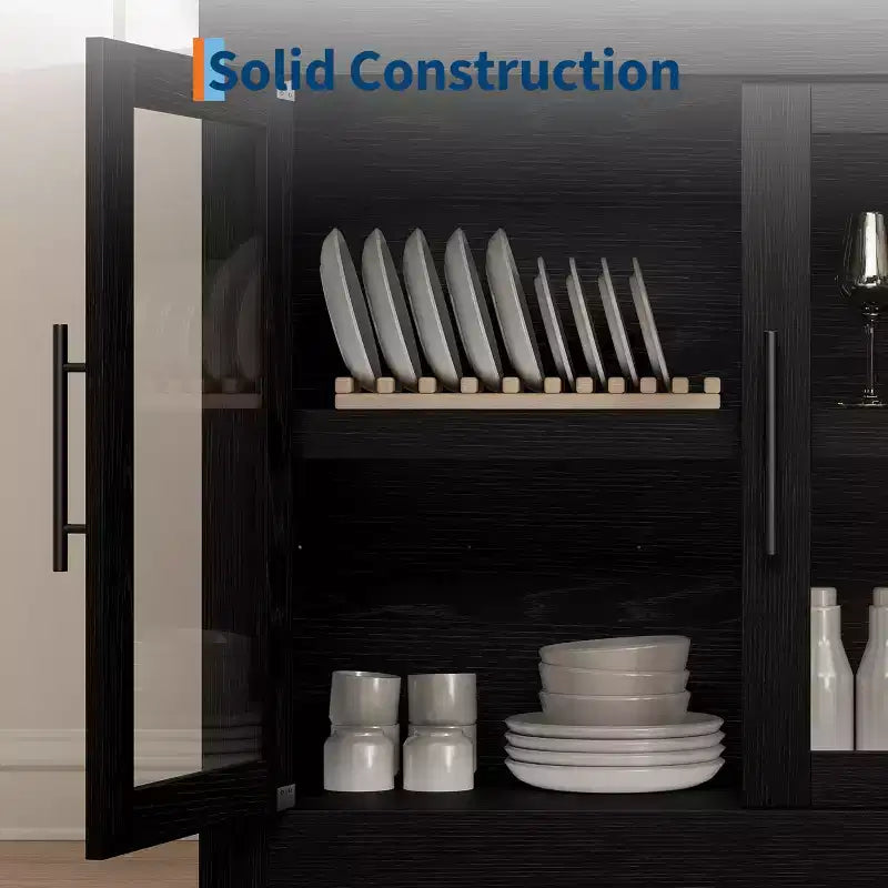 Credenza a 4 ante stile Farmhouse, Beige / Nera / Color Legno con Ante in Vetro – Posti a sedere 1
