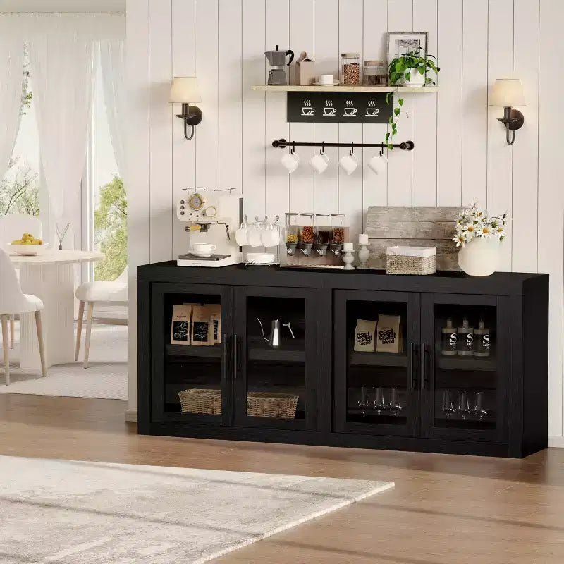 Credenza a 4 ante stile Farmhouse, Beige / Nera / Color Legno con Ante in Vetro – Posti a sedere 1