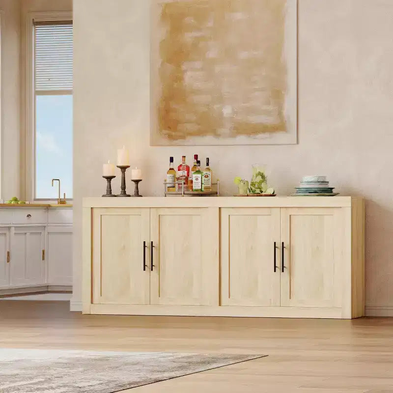 Credenza a 4 ante stile Farmhouse, Beige / Nera / Color Legno con Ante in Vetro – Posti a sedere 1
