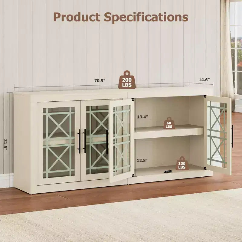 Credenza a 4 ante stile Farmhouse, Beige / Nera / Color Legno con Ante in Vetro – Posti a sedere 1