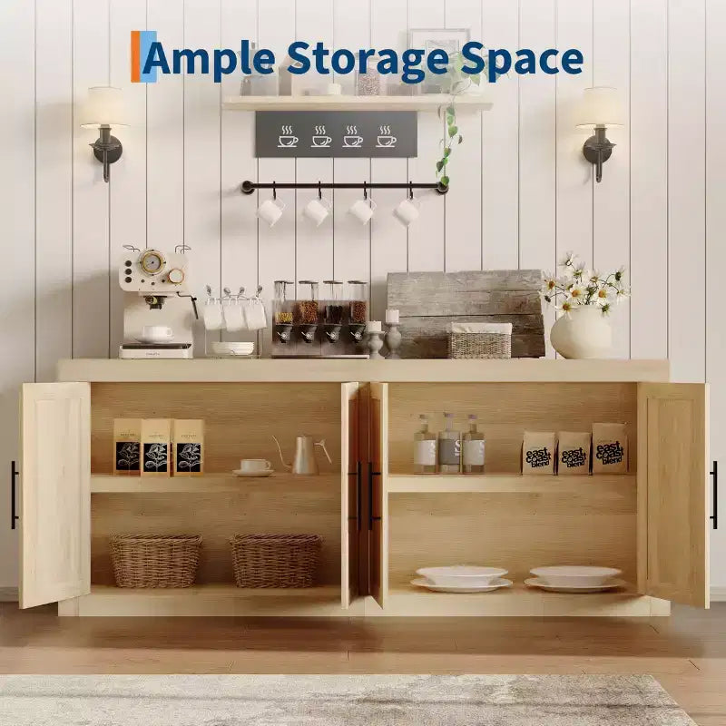 Credenza a 4 ante stile Farmhouse, Beige / Nera / Color Legno con Ante in Vetro – Posti a sedere 1