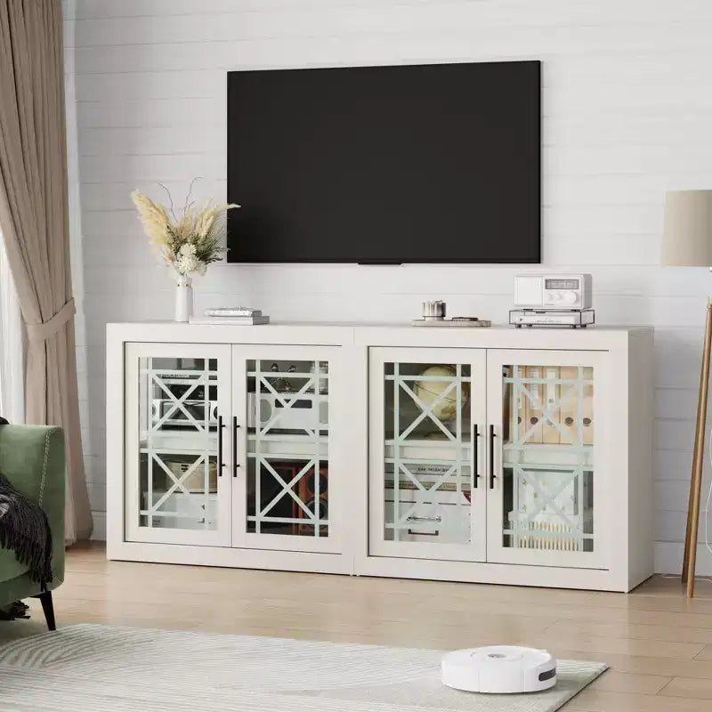 Credenza a 4 ante stile Farmhouse, Beige / Nera / Color Legno con Ante in Vetro – Posti a sedere 1