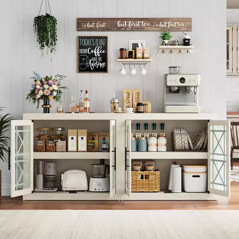 COZONY Modern Buffet Cabinet with Glass Doors, Farmhouse Style Storage Sideboard for Dining Room Living Room Entryway