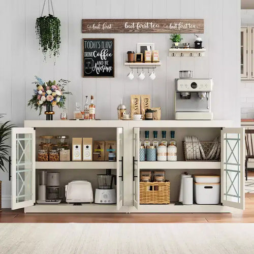 COZONY Modern Buffet Cabinet with Glass Doors, Farmhouse Style Storage Sideboard for Dining Room Living Room Entryway