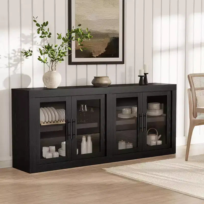 Credenza a 4 ante stile Farmhouse, Beige / Nera / Color Legno con Ante in Vetro – Posti a sedere 1