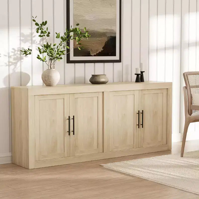Credenza a 4 ante stile Farmhouse, Beige / Nera / Color Legno con Ante in Vetro – Posti a sedere 1