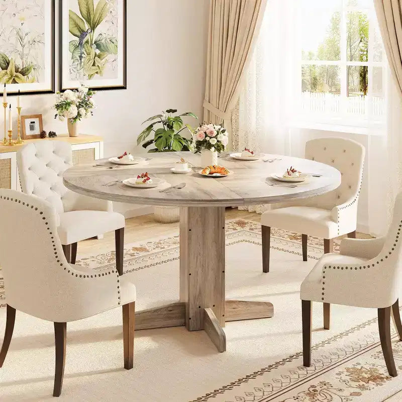 Tavolo da pranzo rotondo da 47", nero/grigio/noce, base a piedistallo, 4-6 posti a sedere