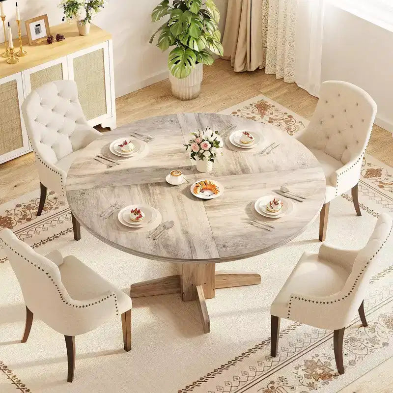Tavolo da pranzo rotondo da 47", nero/grigio/noce, base a piedistallo, 4-6 posti a sedere