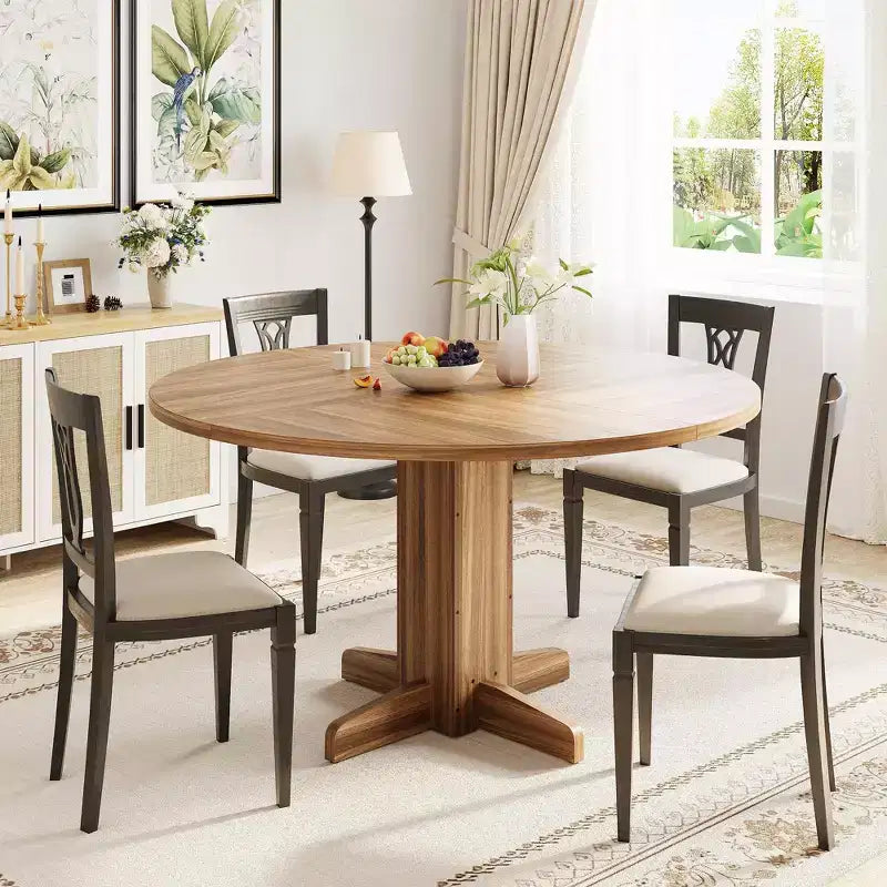 Tavolo da pranzo rotondo da 47", nero/grigio/noce, base a piedistallo, 4-6 posti a sedere