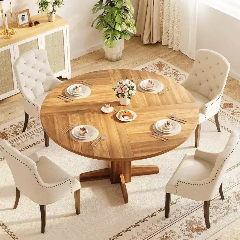Tavolo da pranzo rotondo da 47", nero/grigio/noce, base a piedistallo, 4-6 posti a sedere