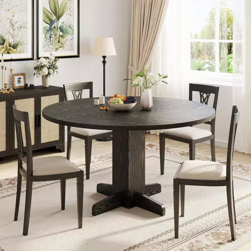Tavolo da pranzo rotondo da 47", nero/grigio/noce, base a piedistallo, 4-6 posti a sedere