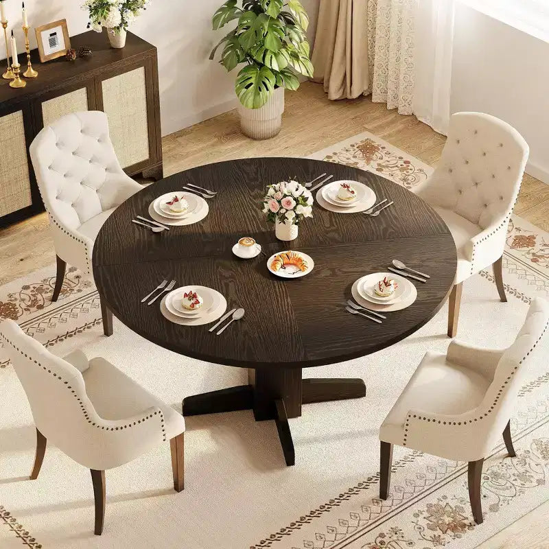 Tavolo da pranzo rotondo da 47", nero/grigio/noce, base a piedistallo, 4-6 posti a sedere