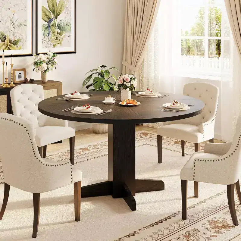 Tavolo da pranzo rotondo da 47", nero/grigio/noce, base a piedistallo, 4-6 posti a sedere