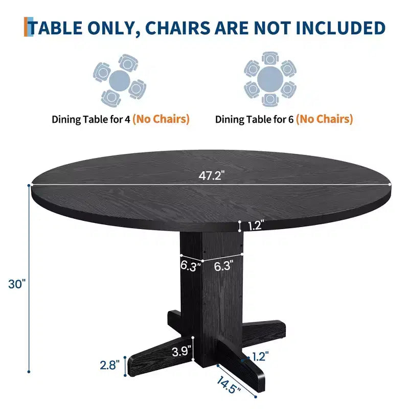 Tavolo da pranzo rotondo da 47", nero/grigio/noce, base a piedistallo, 4-6 posti a sedere