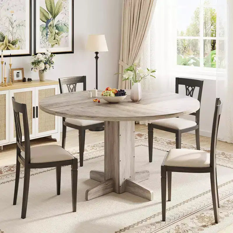 Tavolo da pranzo rotondo da 47", nero/grigio/noce, base a piedistallo, 4-6 posti a sedere