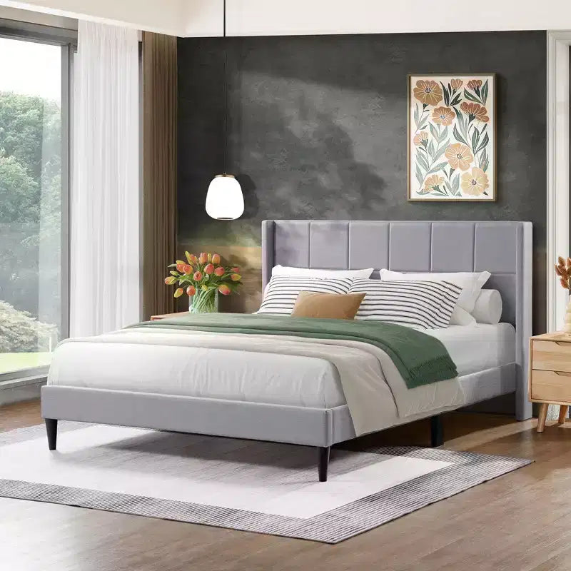 Struttura letto matrimoniale a piattaforma, testiera imbottita, beige/crema/grigio nebbia/verde, adatta per 1–2 persone