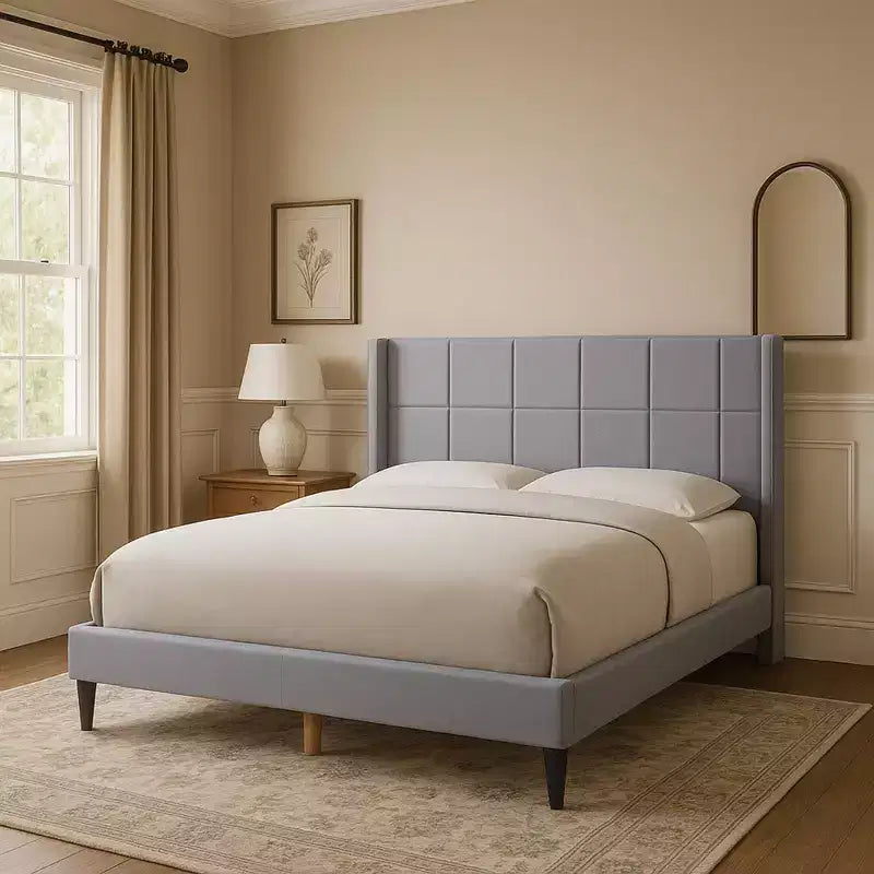 Struttura letto matrimoniale a piattaforma, testiera imbottita, beige/crema/grigio nebbia/verde, adatta per 1–2 persone