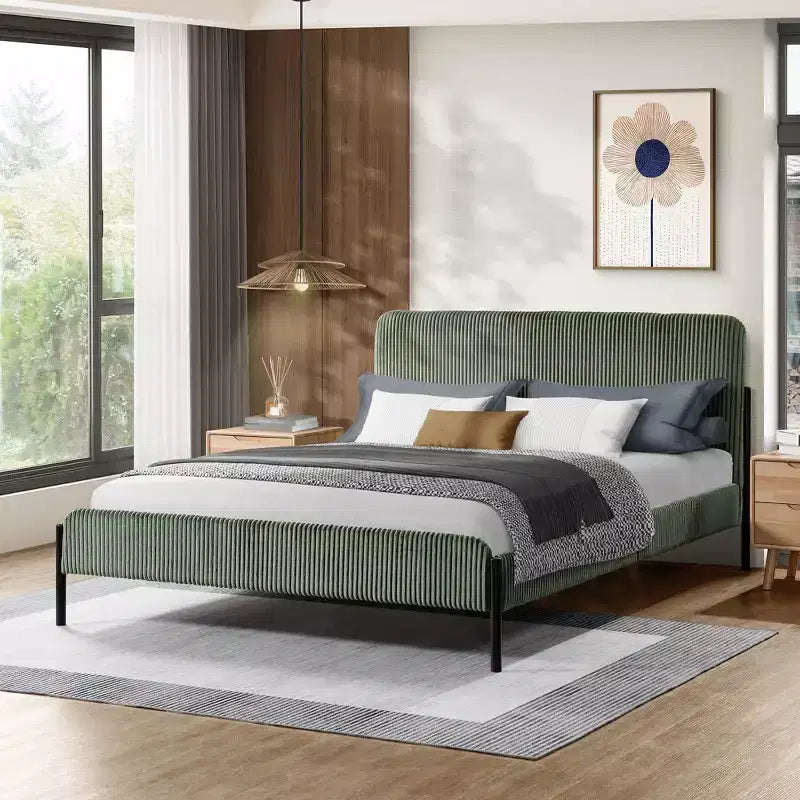 Struttura letto matrimoniale a piattaforma, testiera imbottita, beige/crema/grigio nebbia/verde, adatta per 1–2 persone