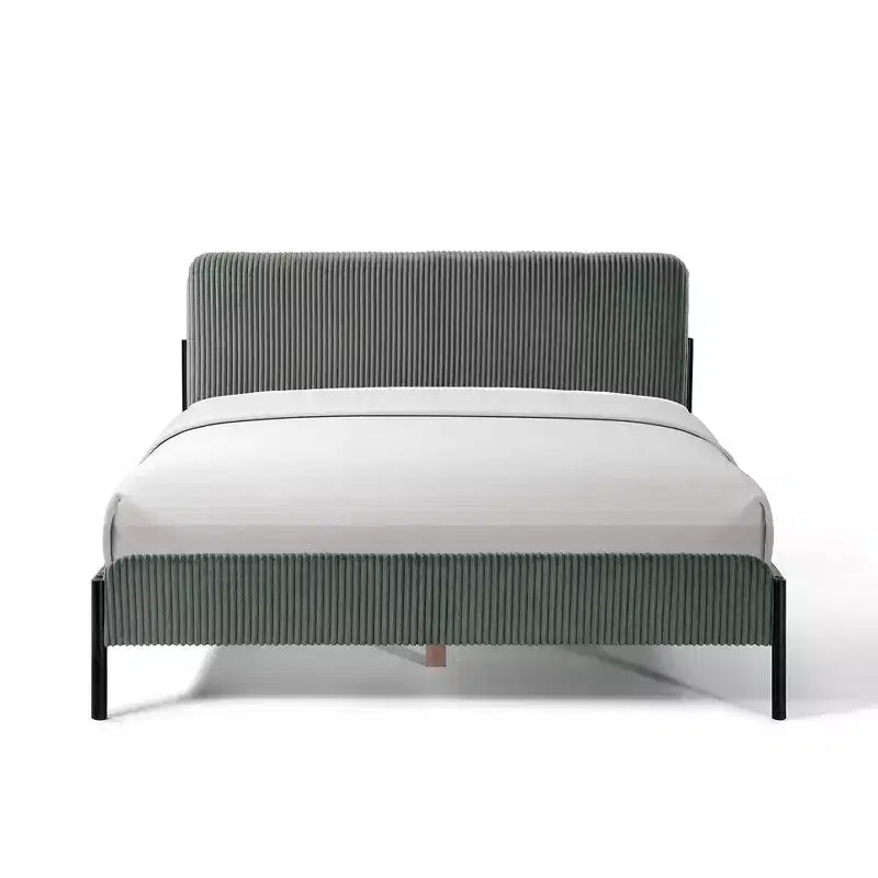 Struttura letto matrimoniale a piattaforma, testiera imbottita, beige/crema/grigio nebbia/verde, adatta per 1–2 persone