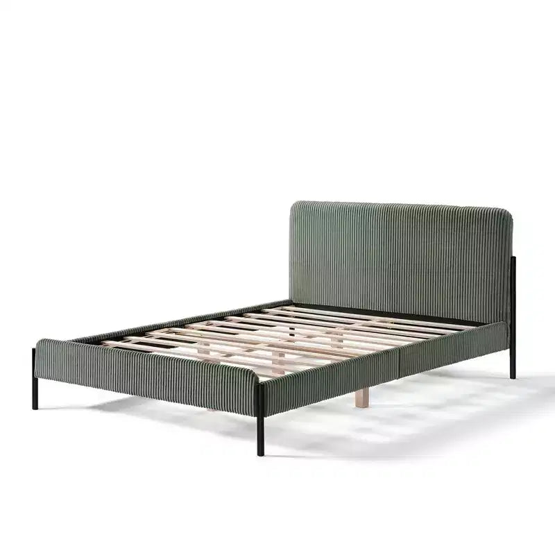 Struttura letto matrimoniale a piattaforma, testiera imbottita, beige/crema/grigio nebbia/verde, adatta per 1–2 persone