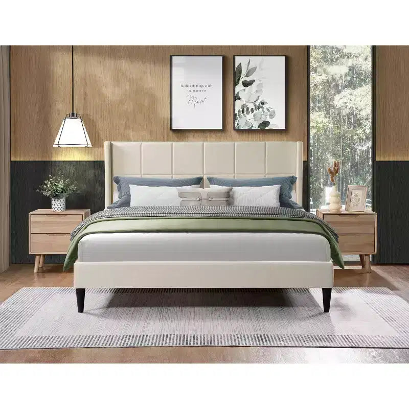 Struttura letto matrimoniale a piattaforma, testiera imbottita, beige/crema/grigio nebbia/verde, adatta per 1–2 persone