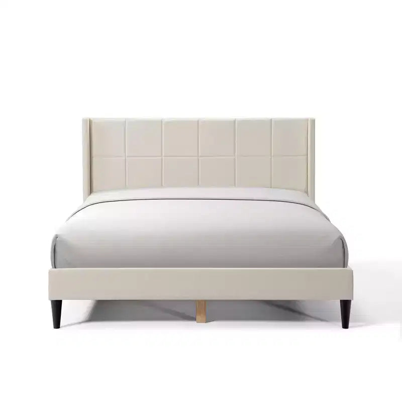 Struttura letto matrimoniale a piattaforma, testiera imbottita, beige/crema/grigio nebbia/verde, adatta per 1–2 persone
