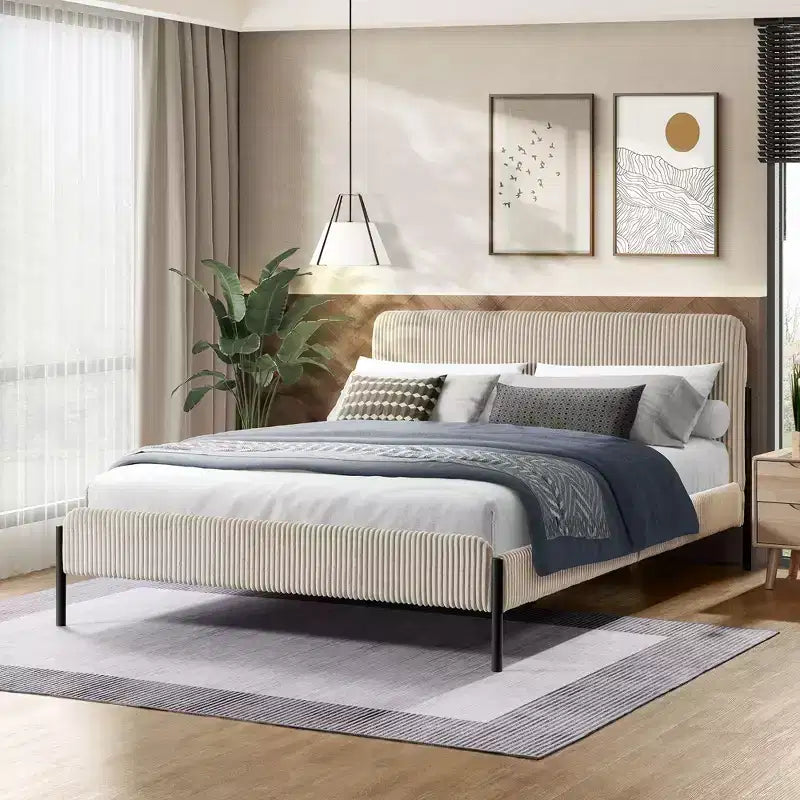 Struttura letto matrimoniale a piattaforma, testiera imbottita, beige/crema/grigio nebbia/verde, adatta per 1–2 persone