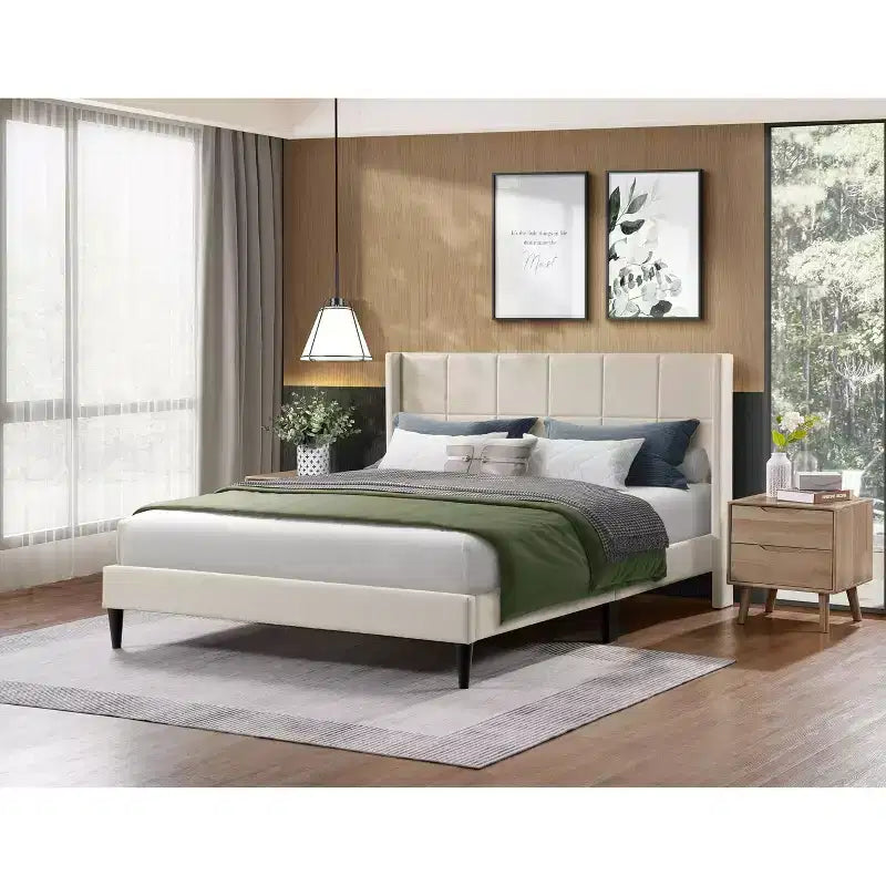 Okak Queen Size Primary Bedroom Bed Frame with Corduroy/Linen Upholstered Headboard,Modern Platform Bed No Box Spring Needed