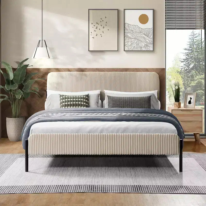 Struttura letto matrimoniale a piattaforma, testiera imbottita, beige/crema/grigio nebbia/verde, adatta per 1–2 persone