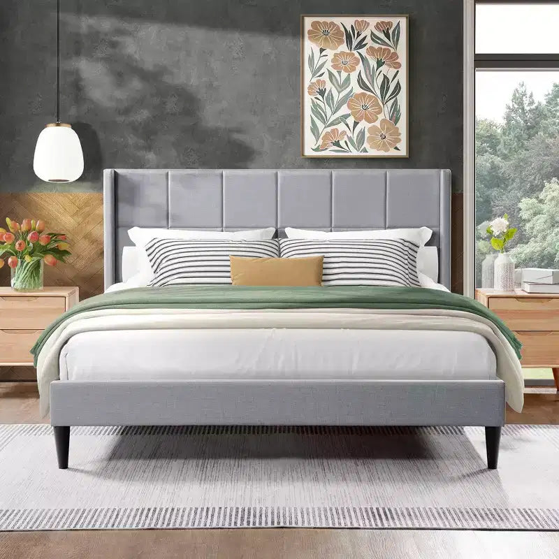 Struttura letto matrimoniale a piattaforma, testiera imbottita, beige/crema/grigio nebbia/verde, adatta per 1–2 persone