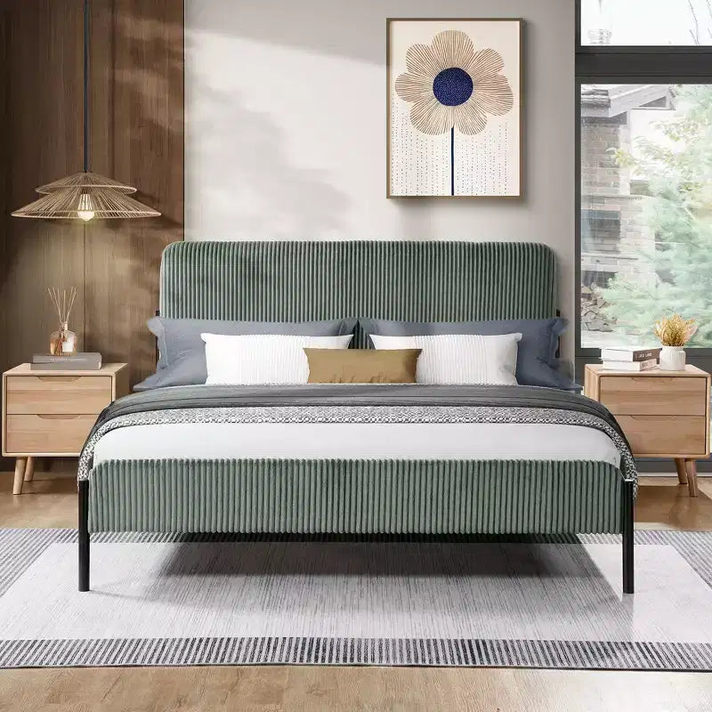 Struttura letto matrimoniale a piattaforma, testiera imbottita, beige/crema/grigio nebbia/verde, adatta per 1–2 persone