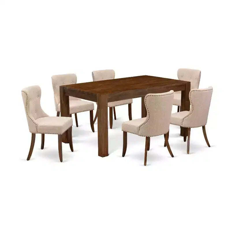 HomeStock 7-Piece Rectangle Natural Oak Finish Solid Wood Top Dining Table with 6 Parson Chairs