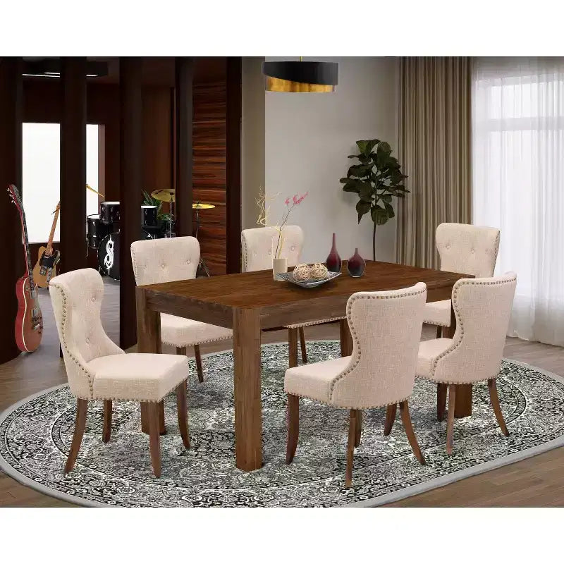 Set da pranzo rettangolare 7 pezzi in rovere naturale, 6 posti a sedere