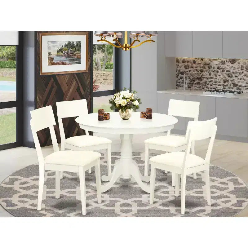Set da pranzo 5 pezzi in lino bianco, piano in legno massello, 4 posti a sedere