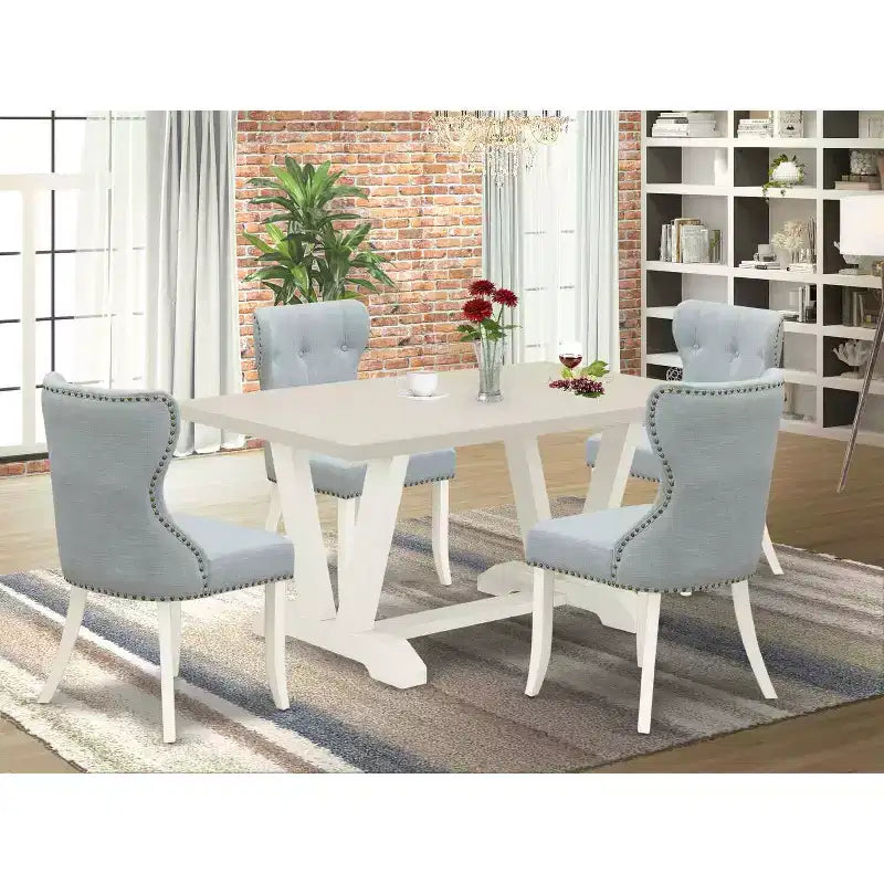 Set tavolo da pranzo rettangolare 5 pezzi Quercia Naturale e Celeste, 4 posti