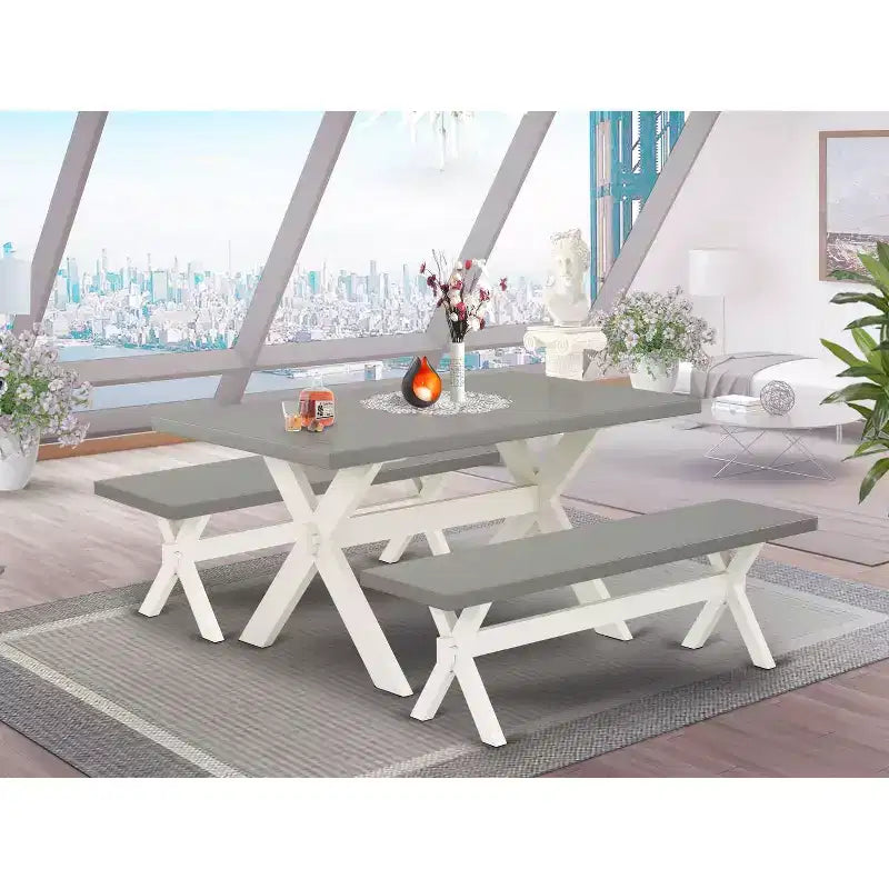 Set da pranzo rettangolare in rovere naturale, 3 pezzi con 2 panche, 4 posti
