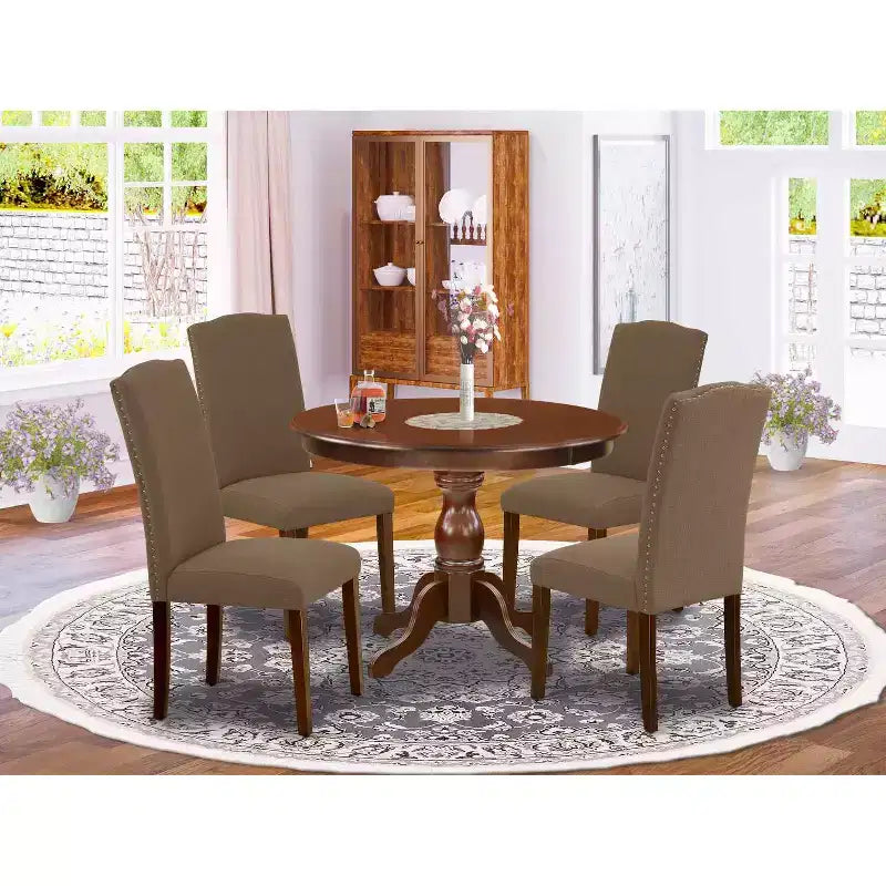 Set da pranzo in legno mogano marrone da 5 pezzi, 4 posti a sedere