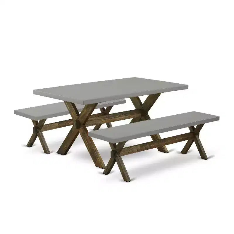 HomeStock 3-Piece Rectangle Distressed Jacobean Finish Solid Wood Top Dining Table with 2-Benches