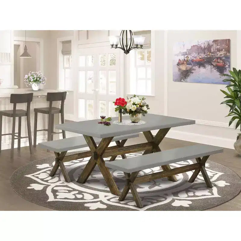 Set da pranzo 3 pezzi Jacobean Brown con 2 panche, 4 posti
