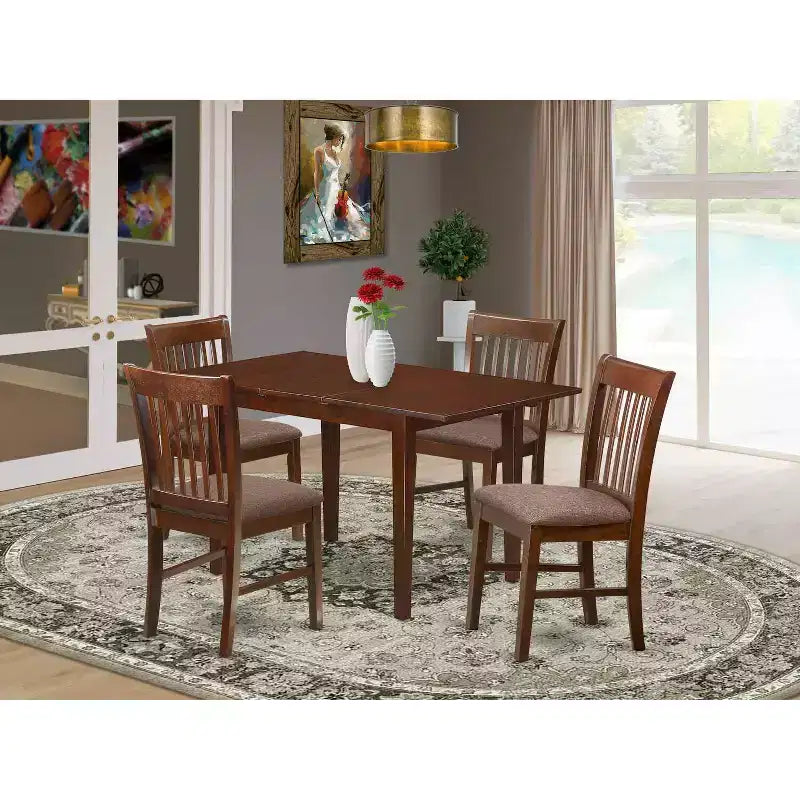 Set da pranzo rotondo in mogano, legno ed ecopelle, 4 posti (5 pezzi)