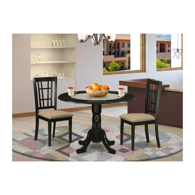 Set da pranzo in 3 pezzi in similpelle nera e legno, 2 posti