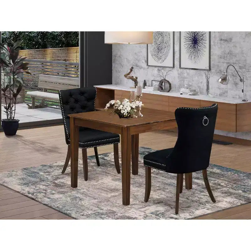 Set da pranzo da 3 pezzi in legno di noce massello, tavolo quadrato per 2 persone, sedie con braccioli in similpelle